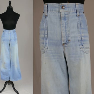 70s Stained Wide Flare Jeans - 28.5" waist - High Waisted - As-Is Light Blue Denim Pants - Cheap Jeans - Vintage 1970s - 31" inseam 