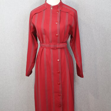 1960s 1970s Striped Shirtdress - Petites by R&K - Red Shirt Waist Dress - Long Sleeve 