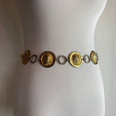 Vintage 70’s 80’s chain coin belt~ gold tone link large circle charm pendants~ long tassel strand disco glam /open size Small-medium 