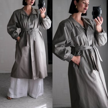Vintage 80s LONDON FOG Pearlescent Sage Belted Trench Coat w/ 3D Pipe Swirl Cuffs | Made in USA | 1980s Designer Water Resistant Jacket 