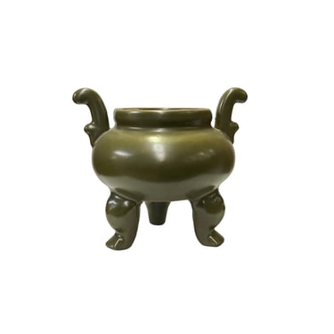 Chinese Handmade Dark Olive Army Green Ceramic Accent Ding Holder ws3399E 