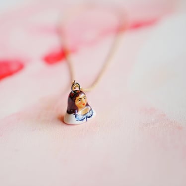 Mini Lady Pendant Necklace, Colorful Ceramics, Hand Sculpted Charm, Handmade Porcelain Pendant Charm, Gold Chain, Miniature Person Sculpture 