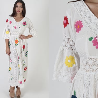 White Crochet Mexican Dress / Vintage 70s Bright Floral Embroidered Vestido / Lace Bell Sleeve Pintuck Maxi Outfit 