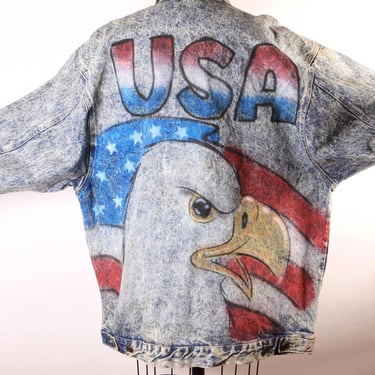 1980s Blue Denim Acid Wash Oversized Airbrush America Bald Eagle USA American Flag Jacket Coat by First Concept -L 
