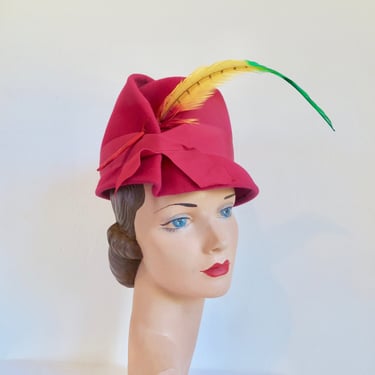 Vintage 1950's 60's Magenta Pink Fuchsia Felt High Crown Hat Small Brim Multicolor Parrot Feather Grosgrain Ribbon Trim Fall Valerie Modes 