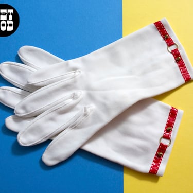 LOVELY MOD Vintage 60s 70s White Gloves with Red Vinyl Trim 