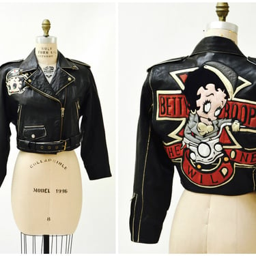 Vintage Black Leather Motorcycle Jacket Betty Boop// Black Leather Biker Jacket Betty Boop Comic Cartoon Medium 