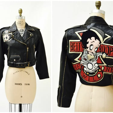 80s 90s Vintage Black Leather Jacket Race Car Betty Boop Hooked on Honey Boca Raton FL