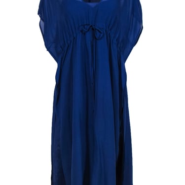 Eileen Fisher - Navy Cap Sleeve Drawstring Silk Midi Dress Sz M