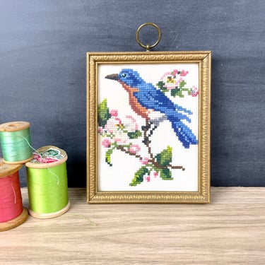 Bluebird framed cross stitch art - 1950s framed accent art 