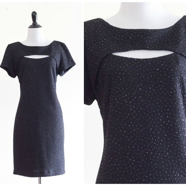 1990s black sparkly cocktail dress with short sleeves 
