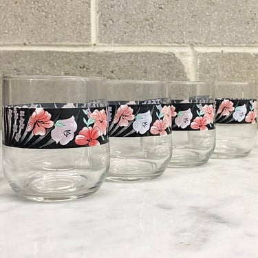 Vintage Water Glasses Retro 1980s Coastal + Tropical + Clear Glass + Tiger Lilies + Set of 4 + Floral Drinkware or Barware + Kitchen Decor 