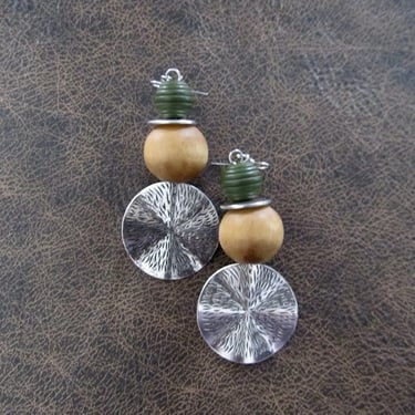 Large hammered silver and wooden earrings, olive 