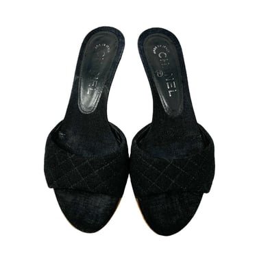 Chanel Black Logo Cork Wedge Heels