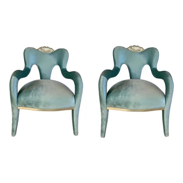 Caracole Modern Glam Turquoise Velvet Fontainebleau Arm Chairs Pair