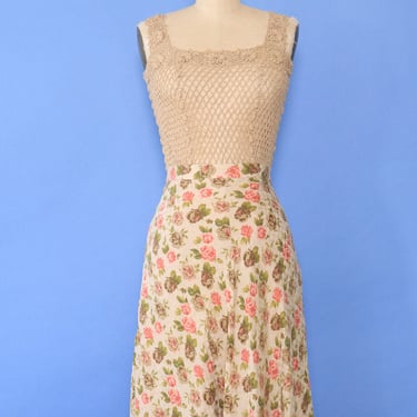 Romantic Rose Print Silk Skirt L