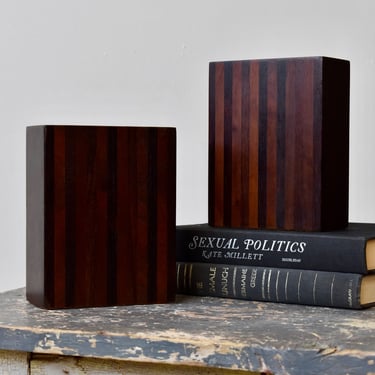 Vintage Rosewood + Walnut Striped Block Bookends, A Pair, Circa 1950s