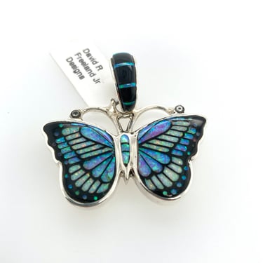 David R Freeland Jr Artisan Opal Onyx Inlay Butterfly Pendant Sterling Silver 