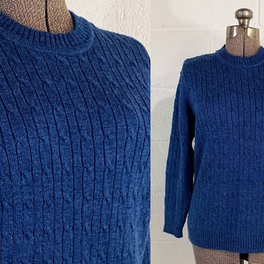 Vintage Blue Cableknit Long Sleeve Sweater Crew Neck Jumper Fully Fashioned Society XL 1970s 