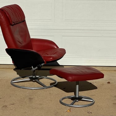 Vintage Malung Lounge Chair and Footstool from Ikea, 1999, Red Leather 