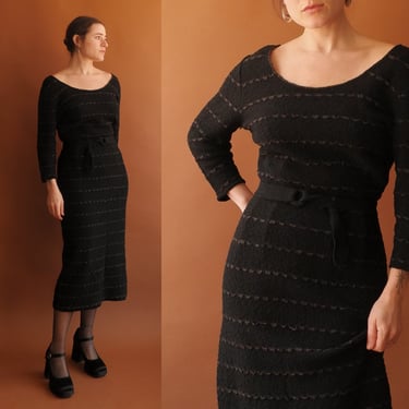 Vintage 40s Black Knit Dress/ 1940s Long Sleeve Ribbon Bodycon Dress/ Size Medium 