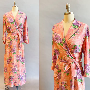 1940s Dressing Gown / 1940s House Dress / 1940s Lawn Dress / 1940s Floral Dress / Size Small 