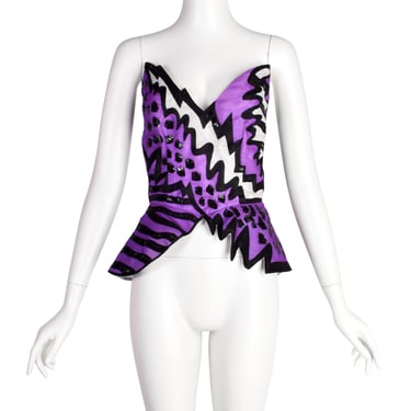 Neil Bieff Vintage 1980s Purple Black White Embroidered Sequin Silk Gazar Bustier Top