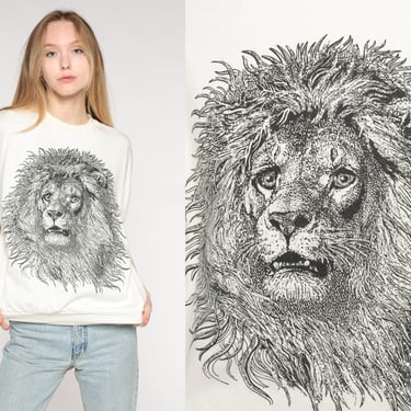 Lion T Shirt 80s Animal TShirt Graphic Tee Retro Slouchy Jungle Safari Shirt Screen Print Big Cat Vintage 1980s Hipster Off-White Medium 