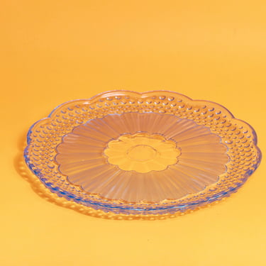 50s Blue Pastel Clear Glass Serving Tray Vintage Round Glass Etched Flower Tray 