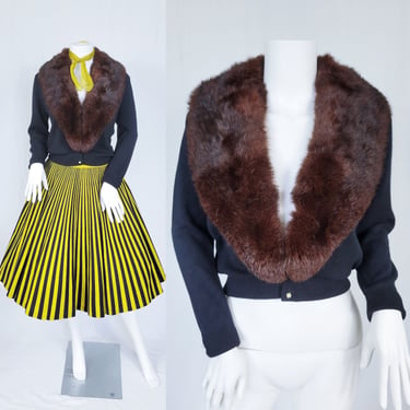 1950's Black Fur Collar Acrylic Knit Cardigan Sweater I Sz Med I Turbo 