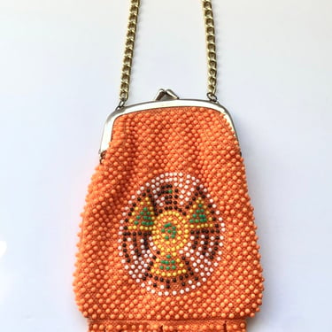 Vintage orange beaded bag with Native emblem, 1960's 