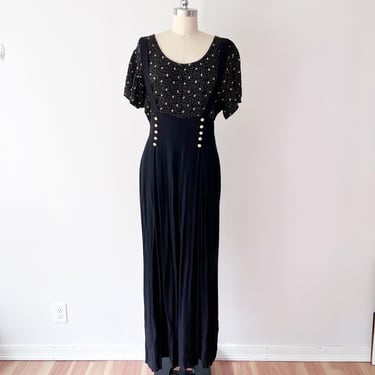 SIZE M/L 1990s Suspenders Wide Leg Jumpsuit  - 90s  Wide Leg Jumpsuit Rayon - Gold and Black 