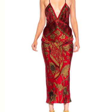 Morphew Collection Red  Olive Green Silk Floral Sagittarius One Scarf Dress Made From A Vintage 