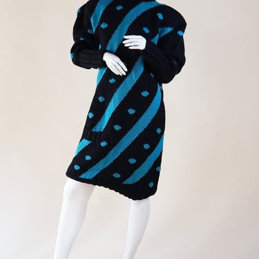 bold two-tone 1980s Karl Lagerfeld knit sweater dress with stripe and spots 