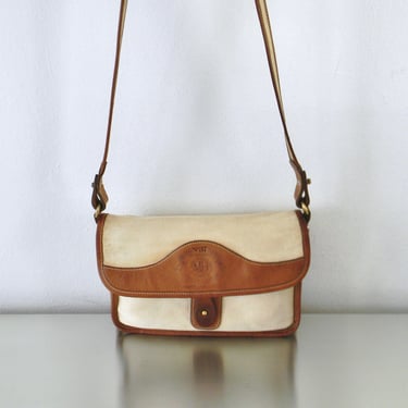 Refurbished 80s Ghurka No. 37 The Spectator Bag, Khaki Twill and Chestnut Leather Trim Crossbody Bag, Marley Hodgson Iconic American Handbag 