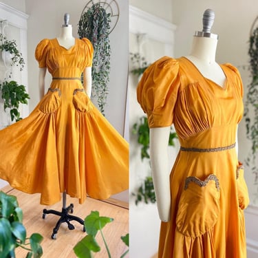 Vintage 1940s Gown | 40s Golden Mustard Yellow Taffeta Sweetheart Heart Pockets Full Skirt Formal Evening Ball Gown | x-small 