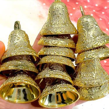 VINTAGE: 15pcs - 2.25" Gold Metallic Plastic Bells - Small Ornaments - Holiday Crafts, Corsage, Picks, Stems 
