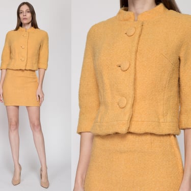 XS 60s Lilli Ann Yellow Tweed Blazer & Mini Skirt Set | Vintage Two Piece Suit Jacket Matching Outfit 