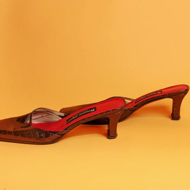 90s Brown Metallic Embossed Slip Heels Vintage Kitten Square Slip On Sandals 