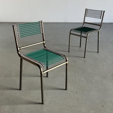 Pair of Vintage René Herbst 'Sandows' Style Chairs in Steel and Green Cord, 1920s Bauhaus Design 