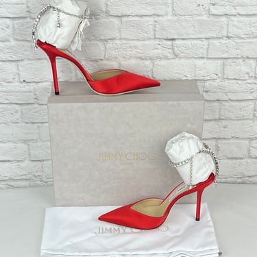 Jimmy Choo Saeda 100 Satin Pumps with Crystal Embellishment, Red, Size 38, New