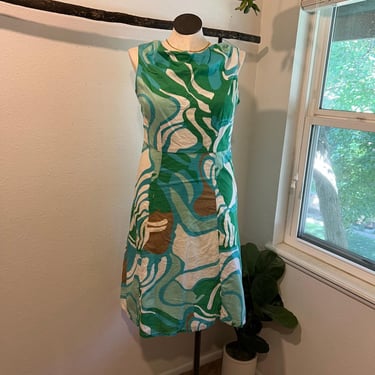 Y2K Cotton Green Mod Abstract Printed Sleeveless Knee Length Dress Size Large 