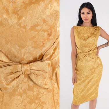 Gold Brocade Dress 60s Party Dress Metallic Mod Mini Floral Cocktail Low Back Bow High Waist Sleeveless Formal Sheath Vintage 1960s Small S 