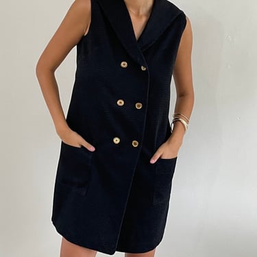60s pique mod dress / vintage black cotton pique mod double breasted brass button sailor collar sleeveless mini dress | Medium 