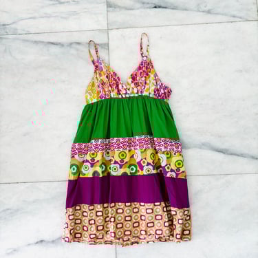 Y2K Vintage OP Dress Floral Colorful Knee Sleeveless Women Large Art Boho Kitsch 