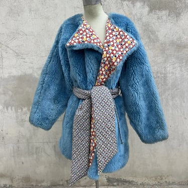 Vintage 1970s Alley Cat by Betsey Johnson Blue Faux Fur Coat Dress Jacket Print