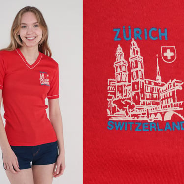 Zurich T-Shirt 80s Switzerland Shirt Red Ringer Tee Retro V Neck TShirt Tourist Swiss Flag Graphic Top Single Stitch Vintage 1980s Small S 