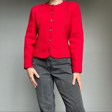 Vintage 80s Woodstock Red Wool Cardigan Sweater 