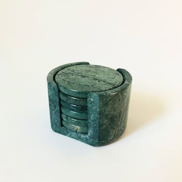 Vintage Green Stone Coaster Set - Set of 6 Coasters in Holder 