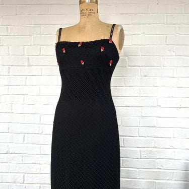 1990's Size Medium Mesh and Link Black Midi Bodycon Dress 